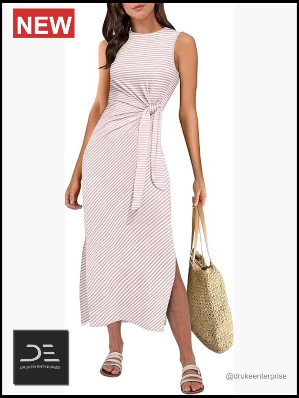Sleeveless Tie Waist Midi Dress with Side Slit - Summer Casual